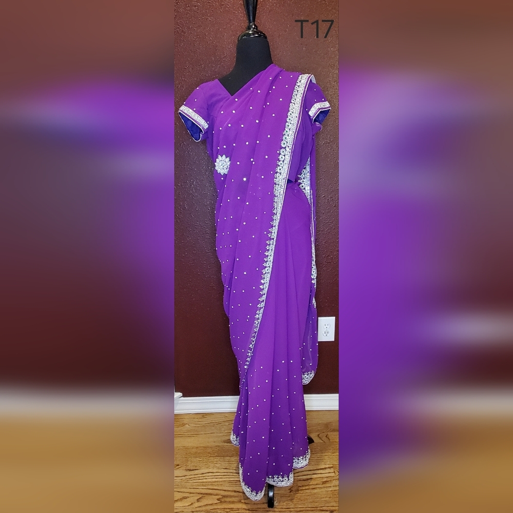 Elegant Purple Sari with Silver Accents
